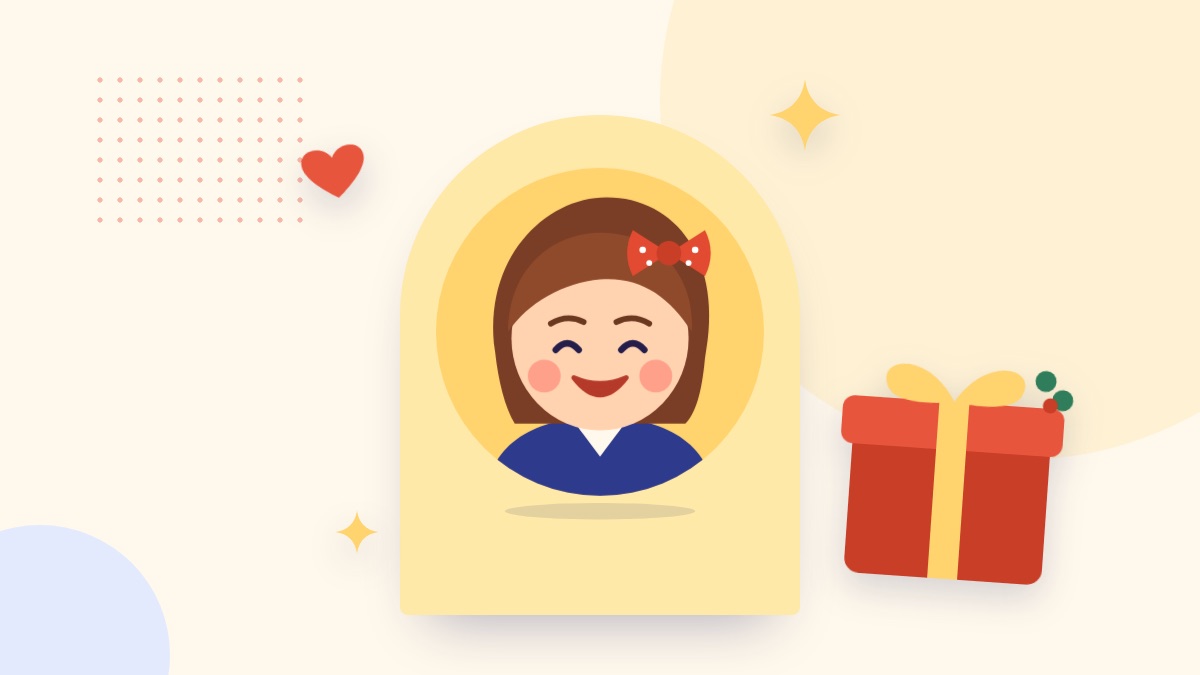 Dottie, a friendly cartoon face, beside a wrapped present with a yellow bow and a sprig of holly