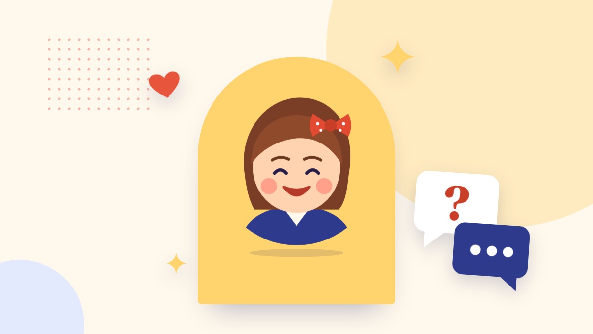 Dottie, a friendly cartoon face in a yellow arch, beside two speech bubbles, one with a question mark
