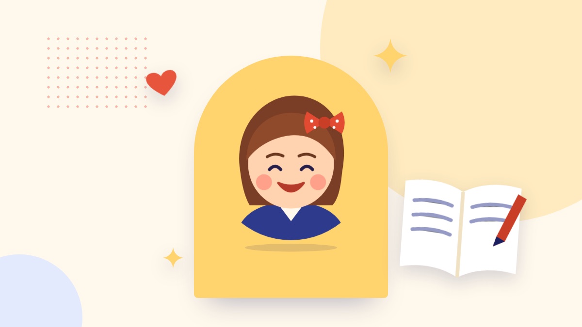 Dottie, a friendly cartoon face, beside an open book and a red pen