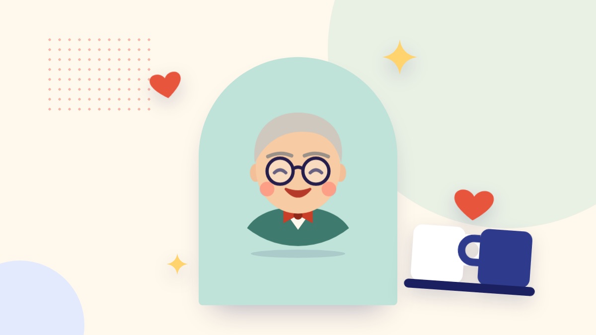 Teddy, a friendly cartoon face, beside two mugs side by side with a heart above them